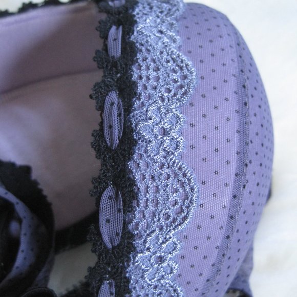 Purple Black Polka Dot Lace Padded Demi Bra Thong Set, Convertible Straps, 36B L - Picture 5 of 7